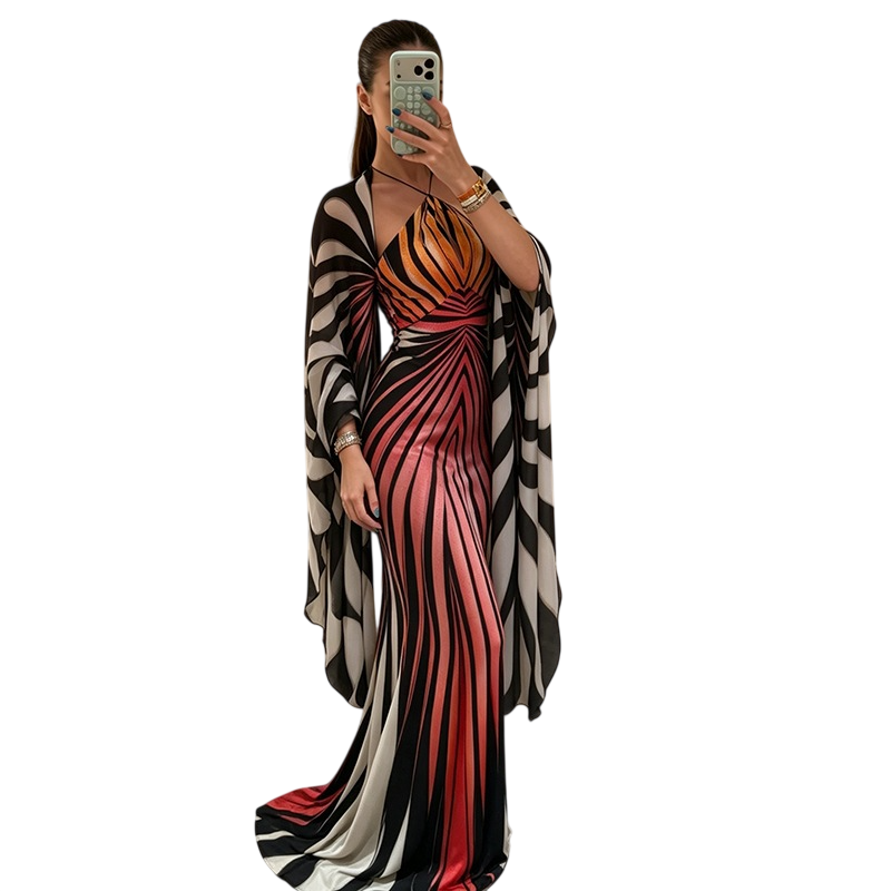 Women's Printed Halter Neck Maxi Dress with Sheer Shawl