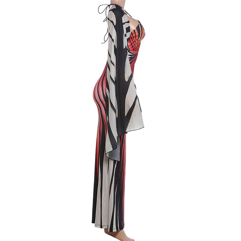 Women's Printed Halter Neck Maxi Dress with Sheer Shawl