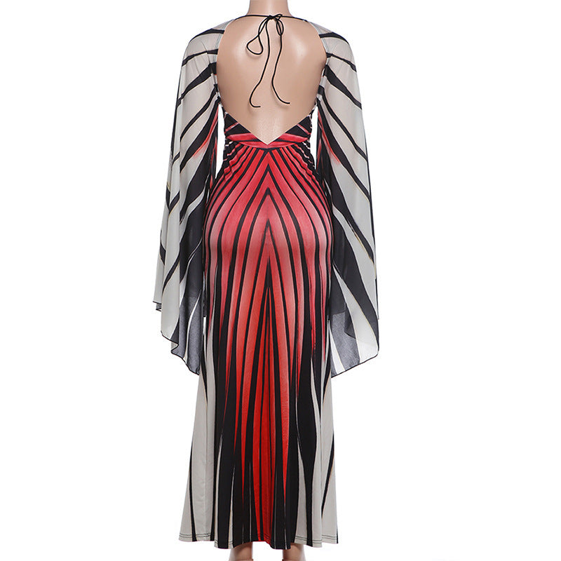 Women's Printed Halter Neck Maxi Dress with Sheer Shawl