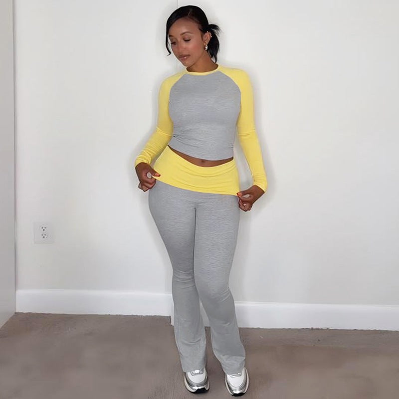 Women's Two Piece Raglan Top and Flared Pants Set