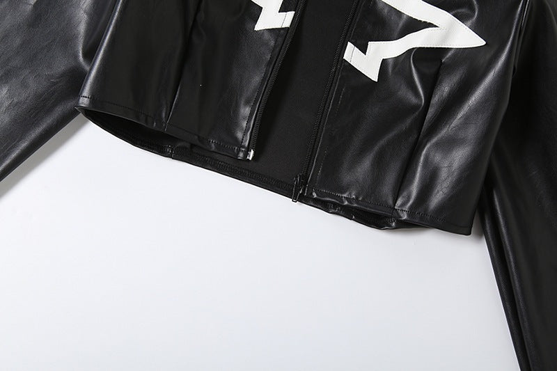 Women's Cropped Moto Jacket with Striped Sleeves