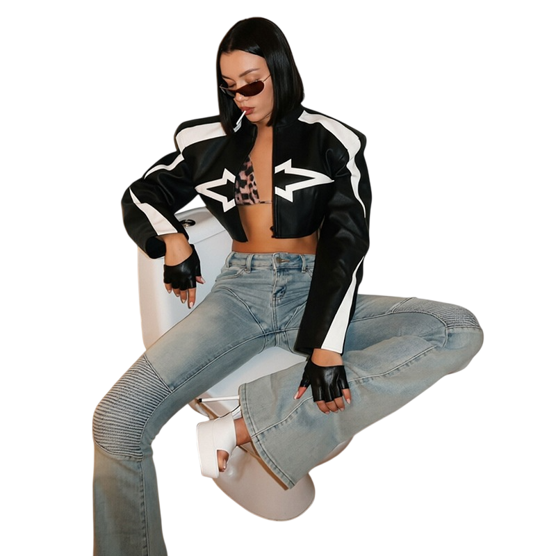 Women's Cropped Moto Jacket with Striped Sleeves