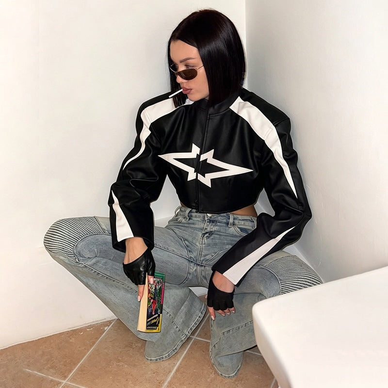 Women's Cropped Moto Jacket with Striped Sleeves