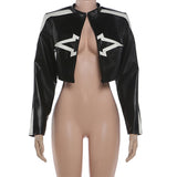 Women's Cropped Moto Jacket with Striped Sleeves
