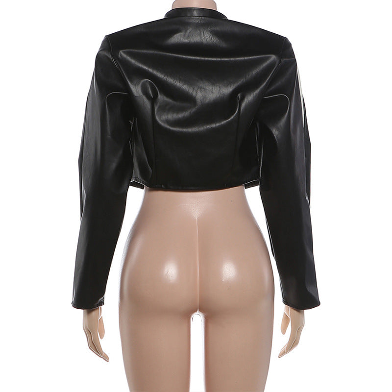 Women's Cropped Moto Jacket with Striped Sleeves