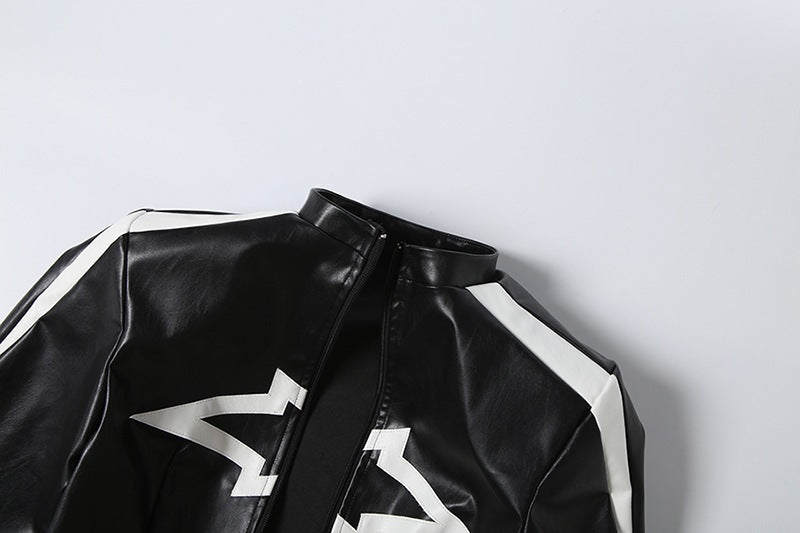 Women's Cropped Moto Jacket with Striped Sleeves