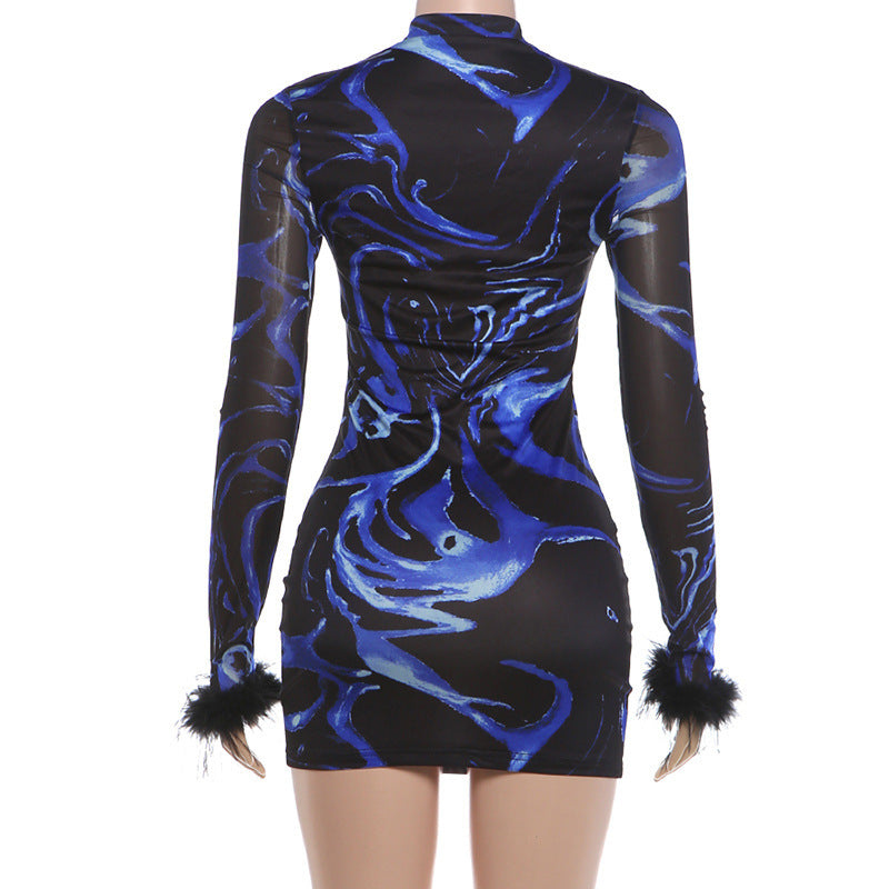 Women's Abstract Print Bodycon Mini Dress with Feather Cuffs