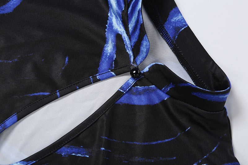 Women's Abstract Print Bodycon Mini Dress with Feather Cuffs