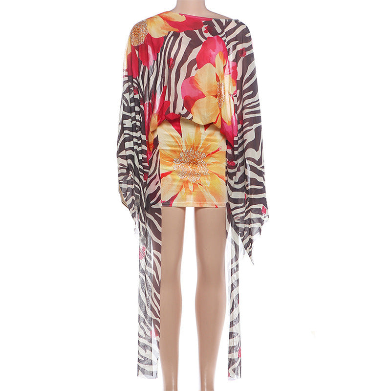 Women's Floral Mini Dress with Sheer Kimono Sleeves