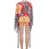 Women's Floral Mini Dress with Sheer Kimono Sleeves