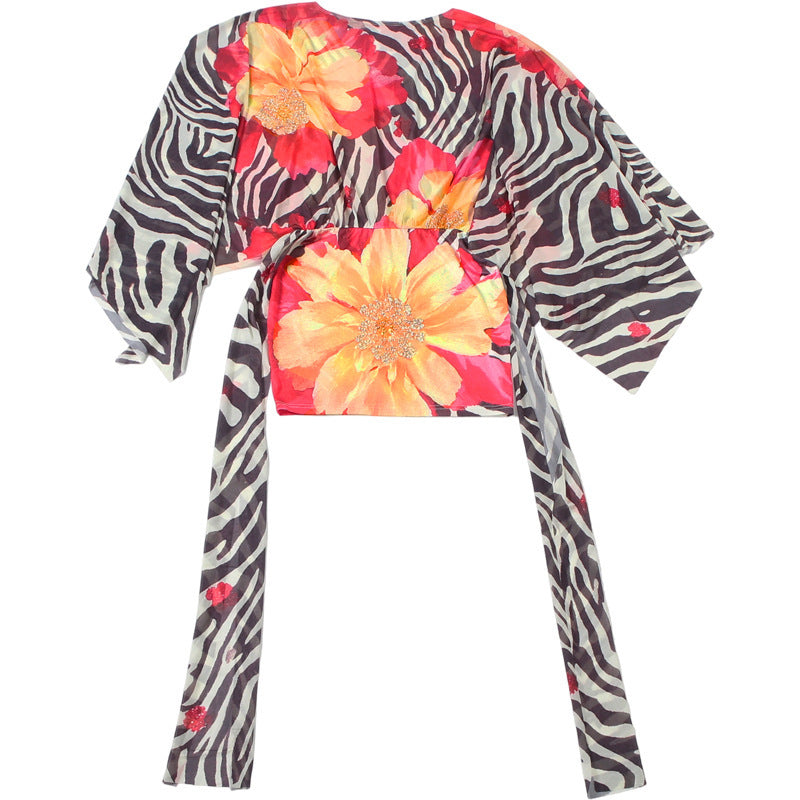 Women's Floral Mini Dress with Sheer Kimono Sleeves