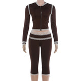 Women's Zip Up Hoodie and Lace Trim Capri Pants Set
