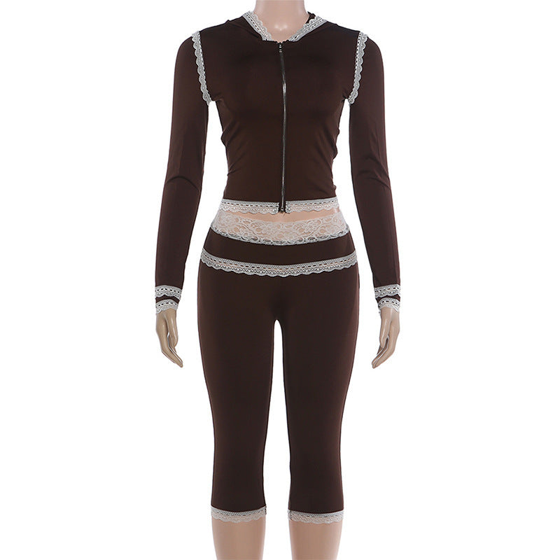 Women's Zip Up Hoodie and Lace Trim Capri Pants Set