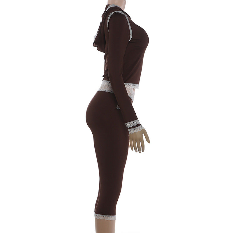 Women's Zip Up Hoodie and Lace Trim Capri Pants Set