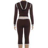 Women's Zip Up Hoodie and Lace Trim Capri Pants Set