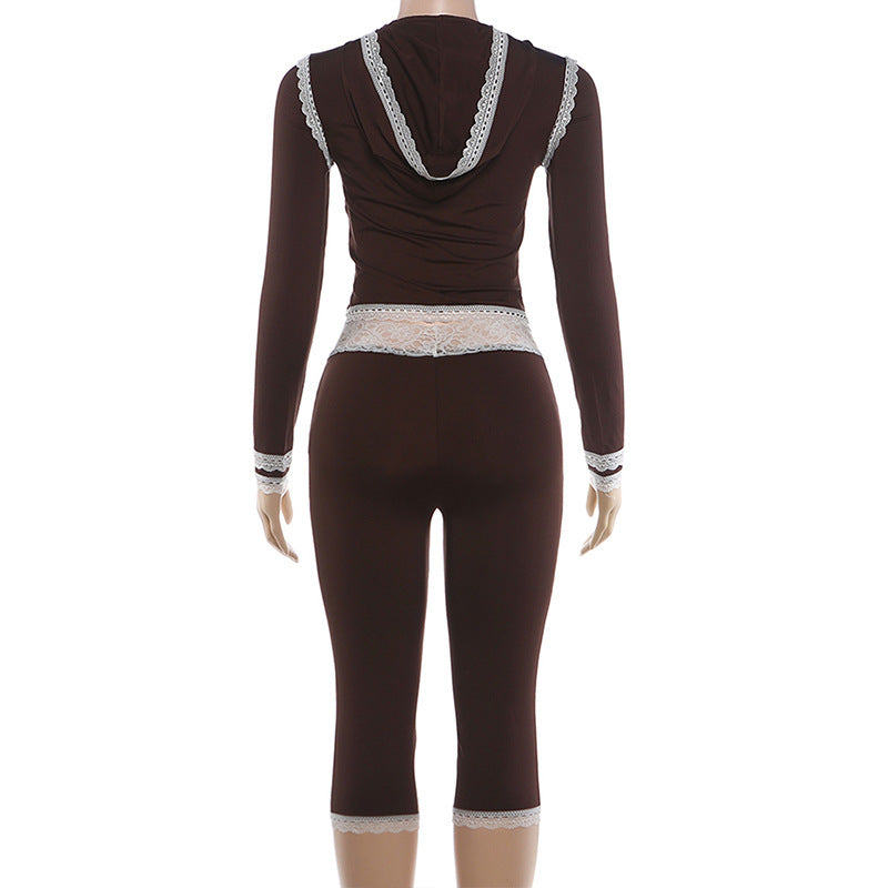 Women's Zip Up Hoodie and Lace Trim Capri Pants Set