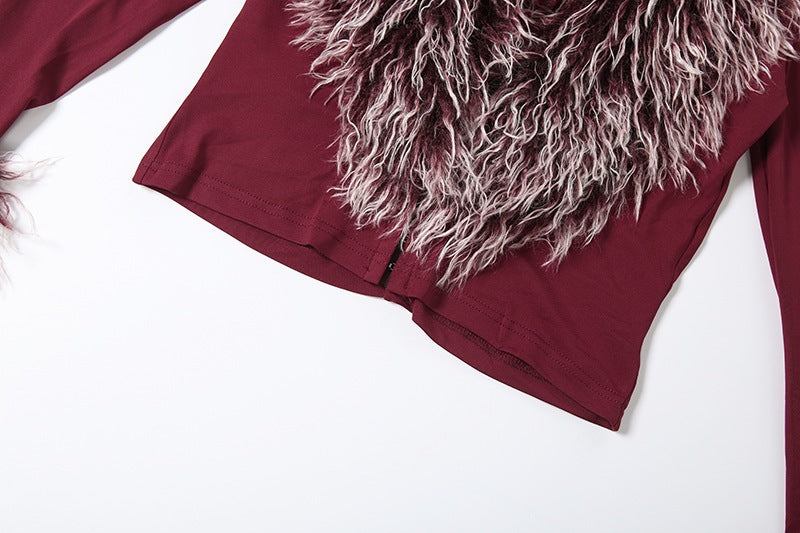 Women's Faux Fur Trim Long Sleeve Top and Mini Skirt Set