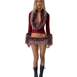 Women's Faux Fur Trim Long Sleeve Top and Mini Skirt Set