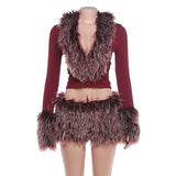 Women's Faux Fur Trim Long Sleeve Top and Mini Skirt Set