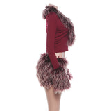 Women's Faux Fur Trim Long Sleeve Top and Mini Skirt Set