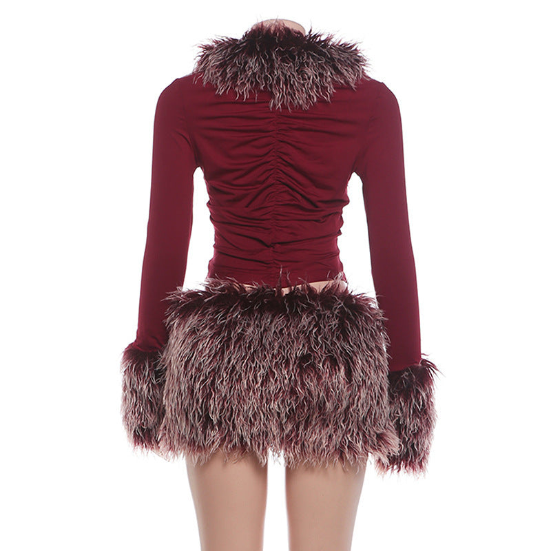 Women's Faux Fur Trim Long Sleeve Top and Mini Skirt Set