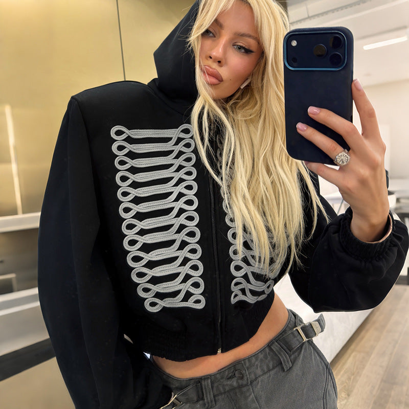 Women's Cropped Hooded Jacket with Decorative Braid Trim