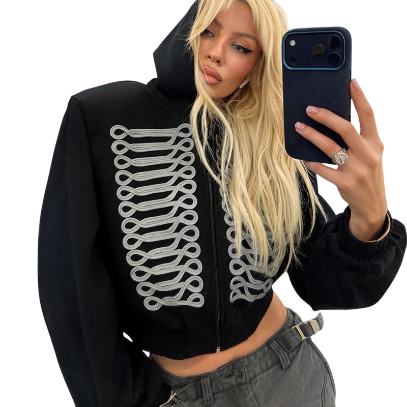 Women's Cropped Hooded Jacket with Decorative Braid Trim