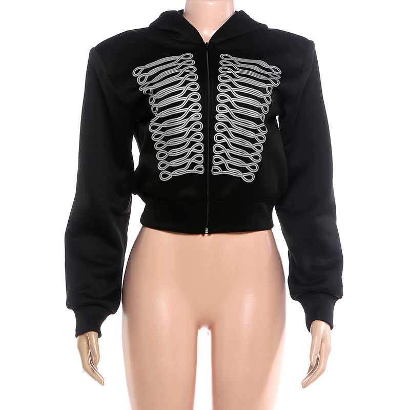 Women's Cropped Hooded Jacket with Decorative Braid Trim