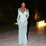 Elegant Sheer Lace Maxi Dress with Halter Neck and Long Sleeves