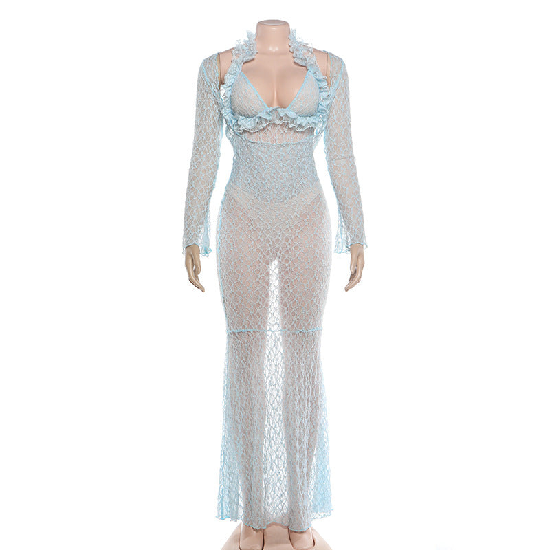 Elegant Sheer Lace Maxi Dress with Halter Neck and Long Sleeves