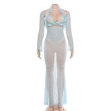 Elegant Sheer Lace Maxi Dress with Halter Neck and Long Sleeves