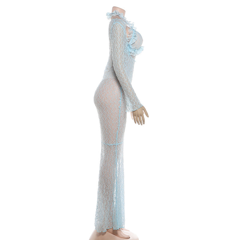 Elegant Sheer Lace Maxi Dress with Halter Neck and Long Sleeves