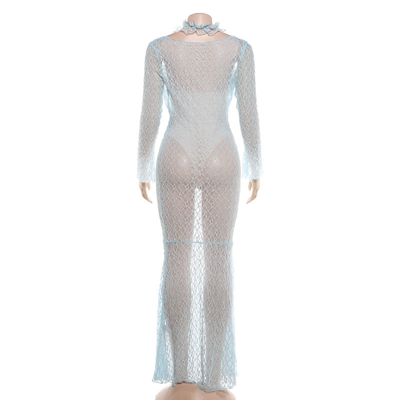 Elegant Sheer Lace Maxi Dress with Halter Neck and Long Sleeves