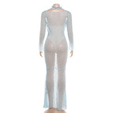 Elegant Sheer Lace Maxi Dress with Halter Neck and Long Sleeves