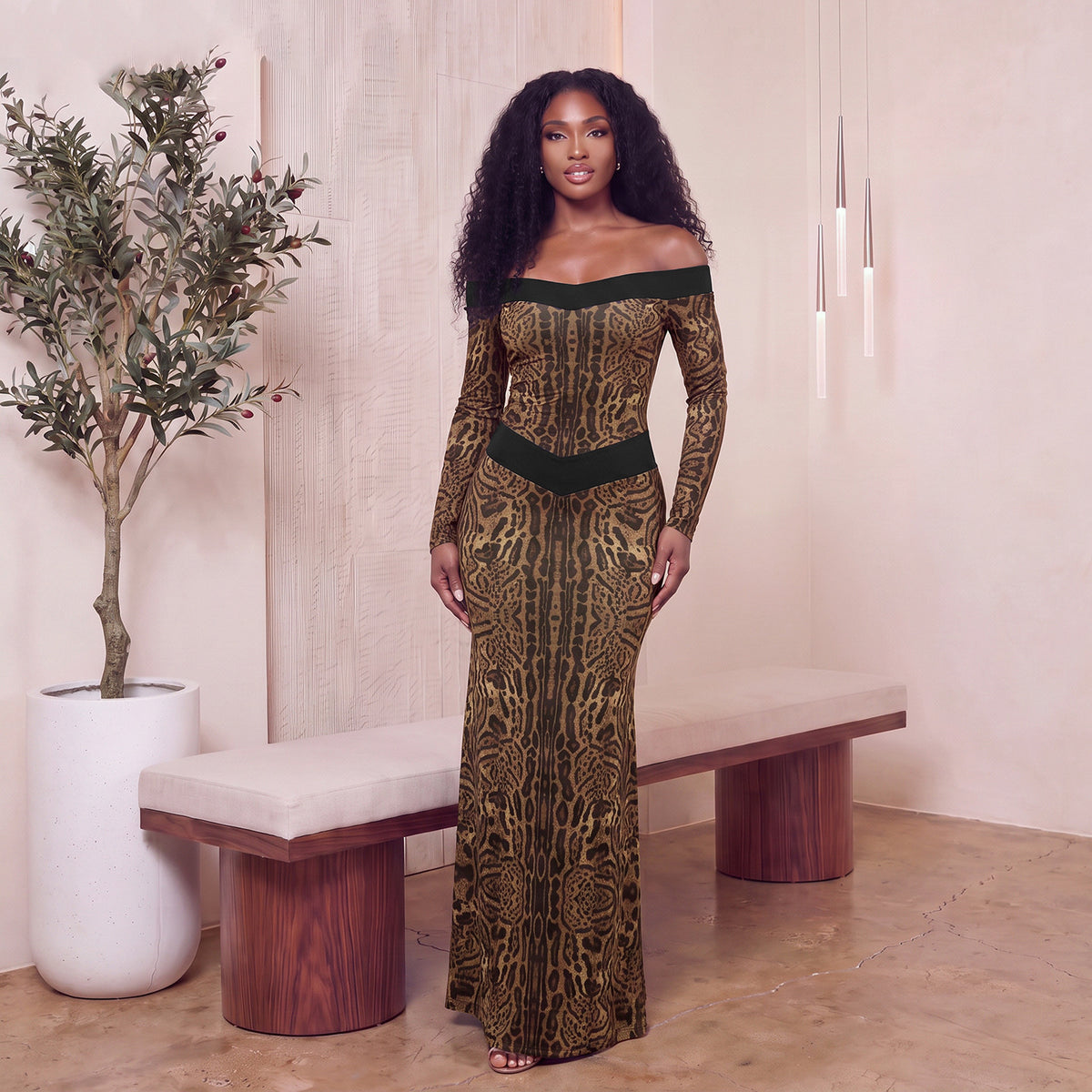 Leopard Print Off-Shoulder Maxi Dress with Long Sleeves