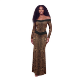Leopard Print Off-Shoulder Maxi Dress with Long Sleeves