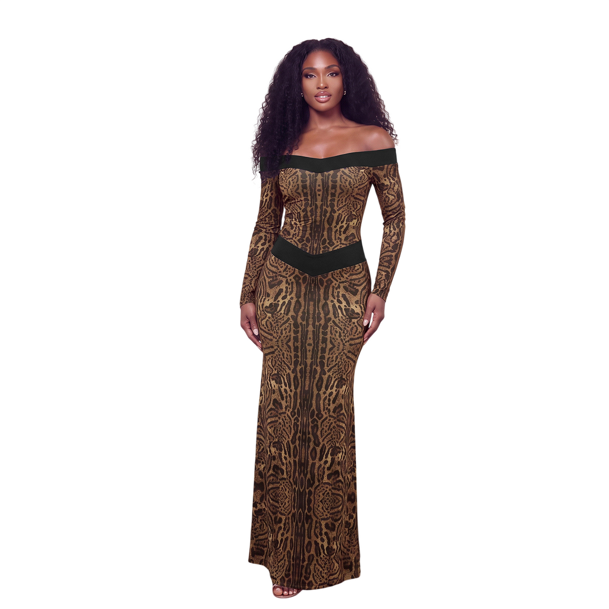 Leopard Print Off-Shoulder Maxi Dress with Long Sleeves
