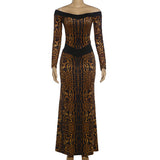 Leopard Print Off-Shoulder Maxi Dress with Long Sleeves