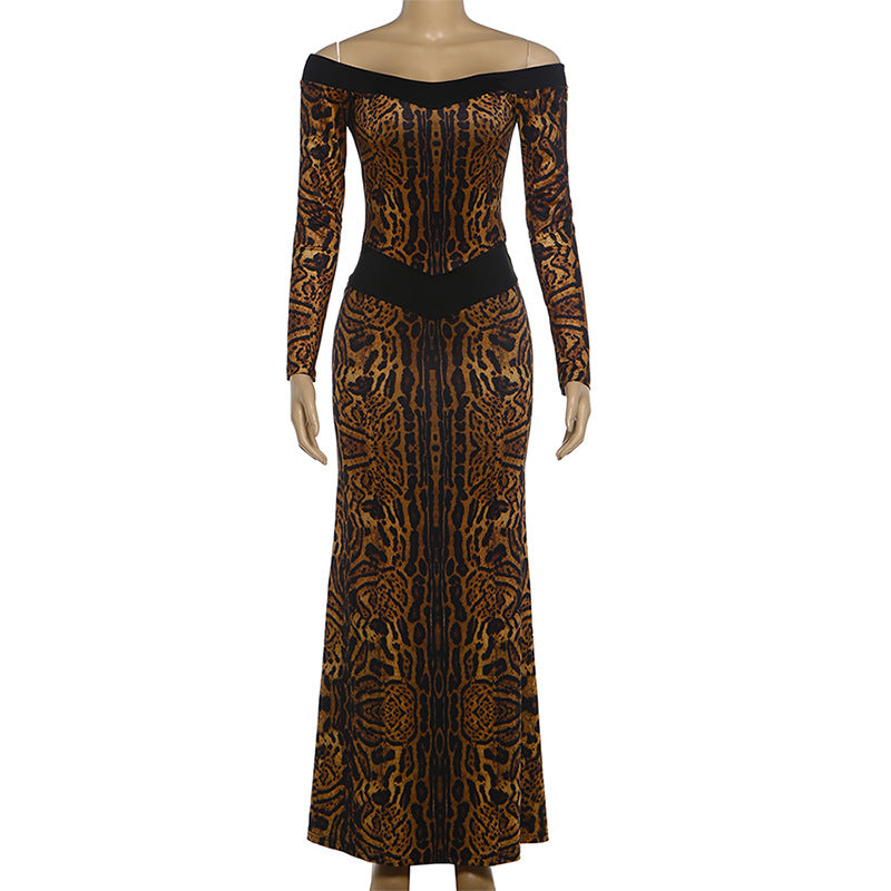 Leopard Print Off-Shoulder Maxi Dress with Long Sleeves