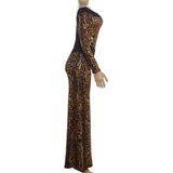 Leopard Print Off-Shoulder Maxi Dress with Long Sleeves