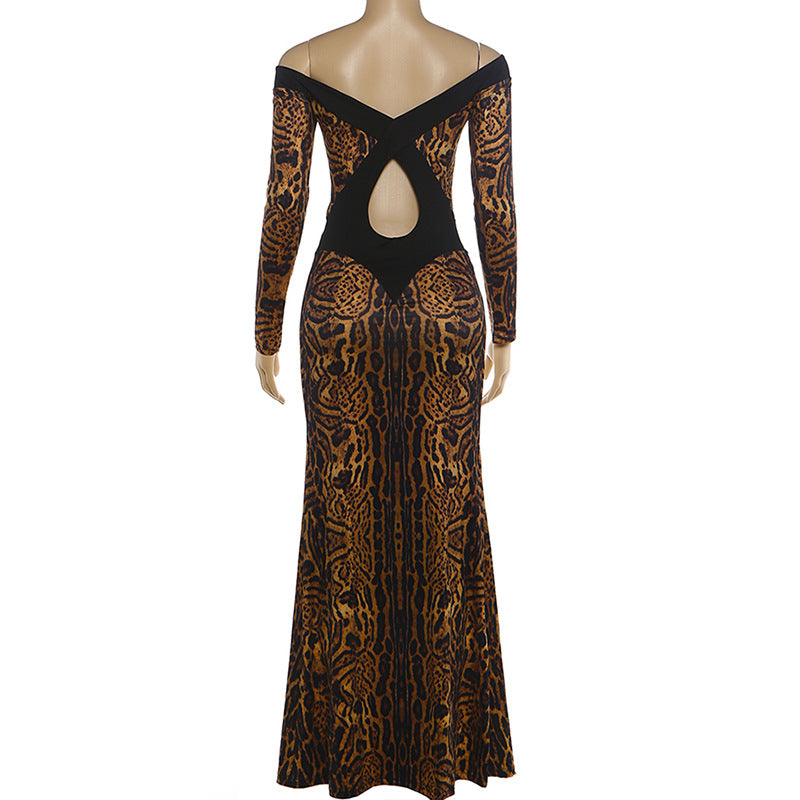 Leopard Print Off-Shoulder Maxi Dress with Long Sleeves