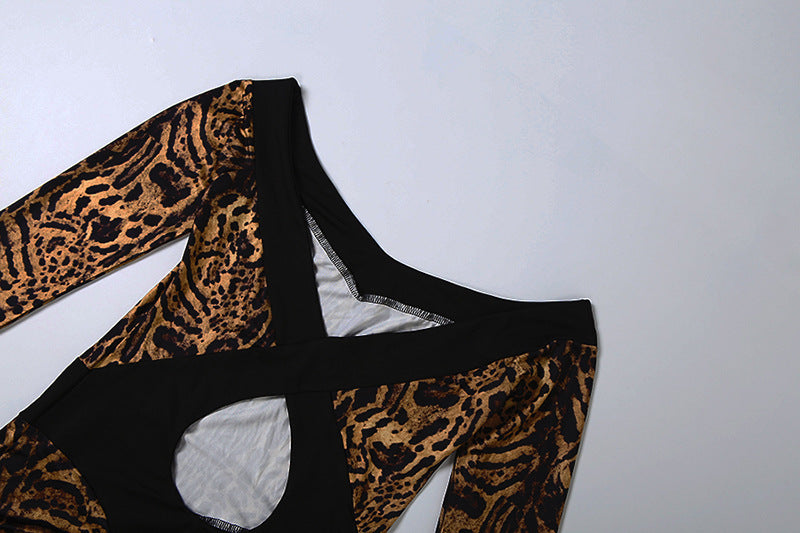 Leopard Print Off-Shoulder Maxi Dress with Long Sleeves
