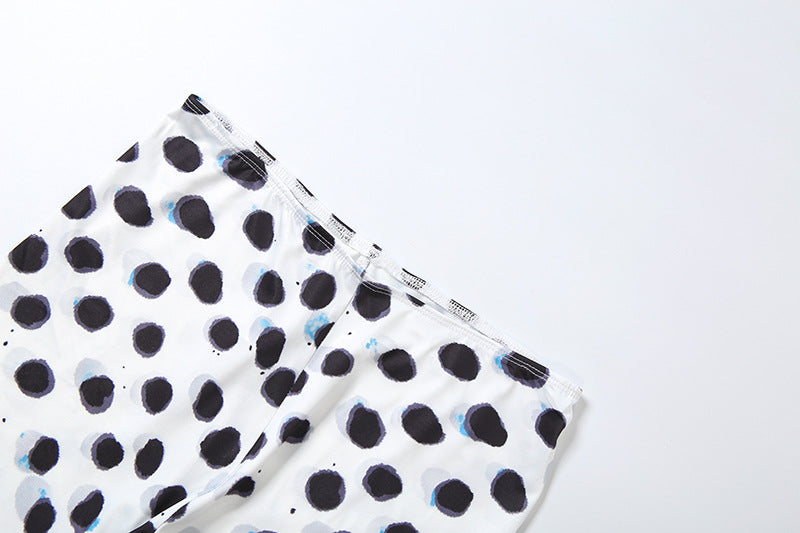 Polka Dot Two-Piece Set with Long Sleeve Crop Top and Capri Leggings