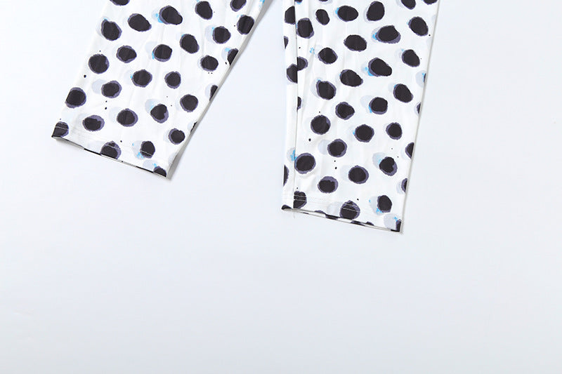 Polka Dot Two-Piece Set with Long Sleeve Crop Top and Capri Leggings