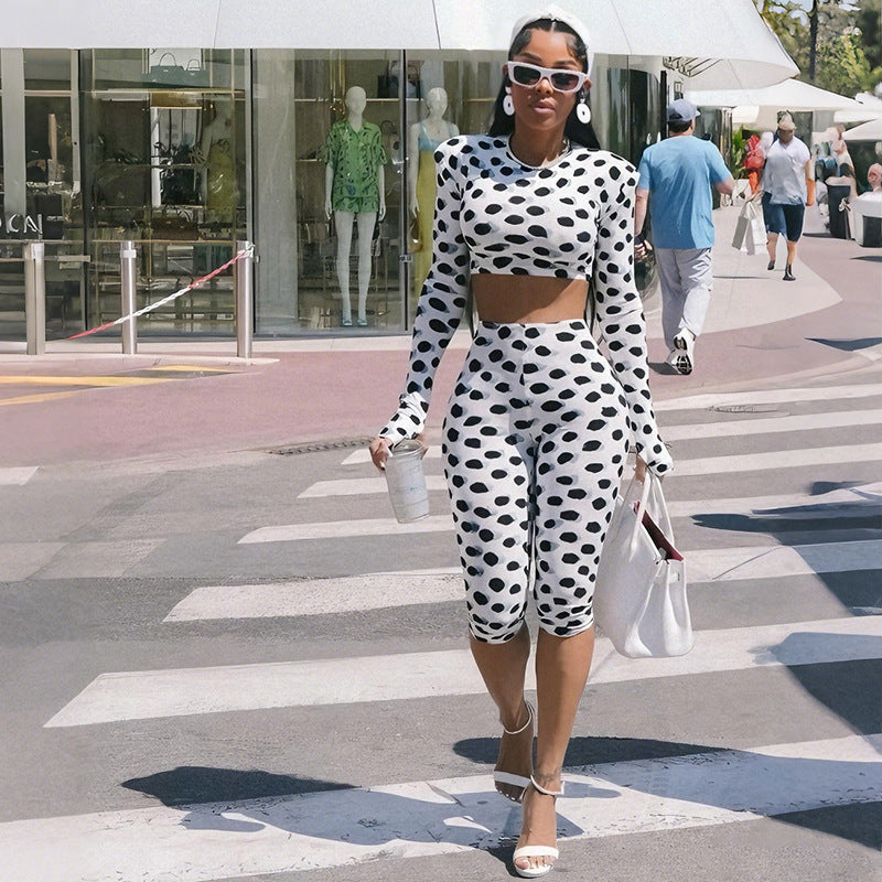 Polka Dot Two-Piece Set with Long Sleeve Crop Top and Capri Leggings