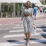Polka Dot Two-Piece Set with Long Sleeve Crop Top and Capri Leggings