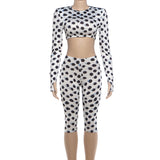 Polka Dot Two-Piece Set with Long Sleeve Crop Top and Capri Leggings