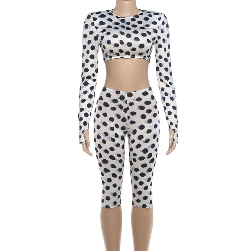 Polka Dot Two-Piece Set with Long Sleeve Crop Top and Capri Leggings