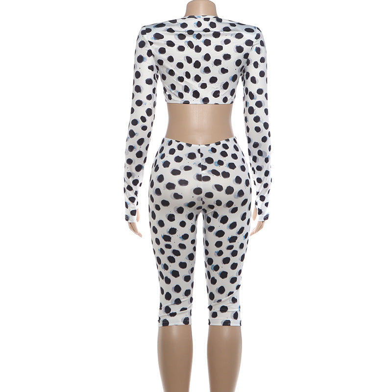Polka Dot Two-Piece Set with Long Sleeve Crop Top and Capri Leggings