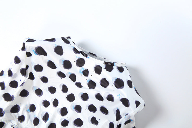 Polka Dot Two-Piece Set with Long Sleeve Crop Top and Capri Leggings